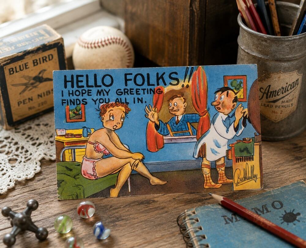 Vintage Linen Comic Postcard Hello Folk Risque Bedroom Humor Buckley Mid-Century